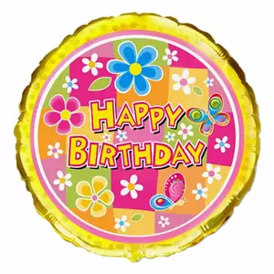 Party Lufi fólia 45cm 18"-es, gömb alakú virágos Happy Birthday felirattal