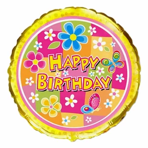 Partylufi fólia 45cm 18"-es, gömb alakú virágos Happy Birthday felirattal