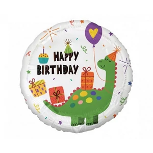 Party Lufi fólia szülinapra gömb alakú, Happy Birthday felirattal dínós, 18"-es, 36cm