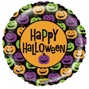 Party Lufi Halloween 53cm 21' Happy Halloween feliratú, tökös hologrammos Fólia Léggömb+hélium