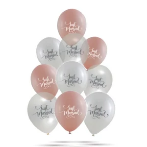 Party Lufi mintás átlátszó-rosegold-fehér, 30 cm 10 db/cs Just married felirattal