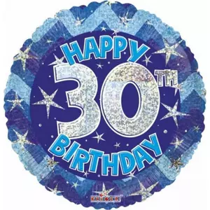 Party Lufi szülinapi 18"-46cm 30th Happy Birthday Blue Sparkle mintás Hologrammos Fólia Léggömb+hélium