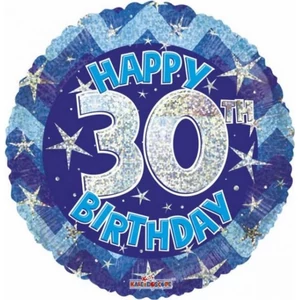Partylufi szülinapi 18"-46cm 30th Happy Birthday Blue Sparkle mintás Hologrammos fólia Léggömb+hélium