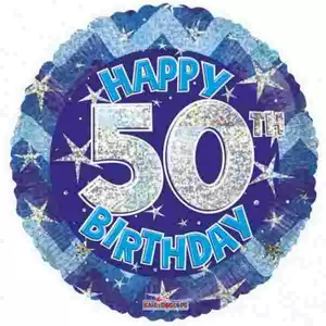 Party Lufi szülinapi 18"-46cm 50th Happy Birthday Blue Sparkle mintás Hologrammos Fólia Léggömb+hélium