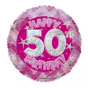 Party Lufi szülinapi 18"-46cm 50th Happy Birthday Pink Sparkle mintás Hologrammos Fólia Léggömb+hélium