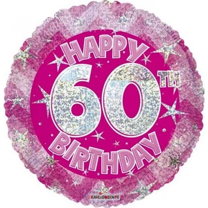 Party Lufi szülinapi 18"-46cm 60th Happy Birthday Pink Sparkle mintás Hologrammos Fólia Léggömb+hélium