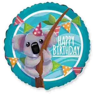 Partylufi szülinapi 18"-46cm Kerek alakú Koala mintás Happy Birthday! feliratos fólia Léggömb+hélium