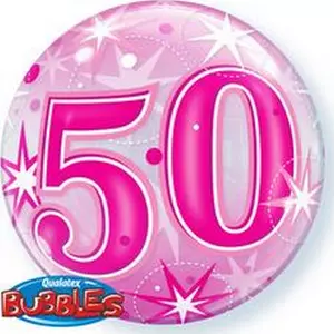Party Lufi szülinapi 22"/56cm 50-es Pink Starburst Sparkle Bubble Számos Csillagos Fólia Léggömb+hélium