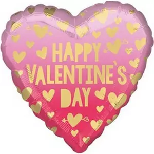 Party Lufi Valentin 17&quot;-43cm Happy Valentine's Day Szív Pink-Arany fólia lufi +hélium