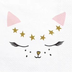 Party szalvéta cicás rózsaszín, Meow felirattal cica fejjel 20db/csomag
