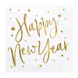 Szalvéta PartyDeco fehér,HNY arany betűkkel (20lap/csomag) 3rétegű papír, 33x33cm