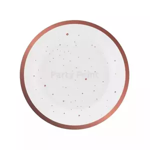 Party tányér papír 18cm Elegáns fehér tányér rosegold mintával (6db/csomag)