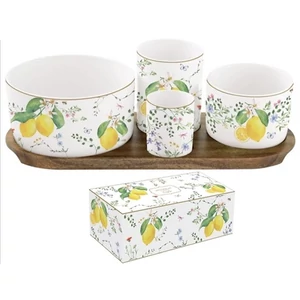 Kínálótálka szett Porcelán 4db-os akácfa tálcán 29x13cm dobozban Fleurs et Citrons