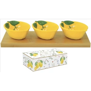 Porcelán tálkaszett Sárga citrom 3db-os, bambusztálcán 25x9,5cm, dobozban, Fleurs