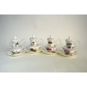 Porcelán teás szett Levendulás, Levendula mintás teás kanna+csésze+szűrő üveg-Porcelán