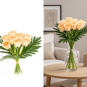 Selyemvirág művirág 35cm rózsacsokor barack 15szál 30x30x35cm DST5 zöld levelekkel dobcsokornak