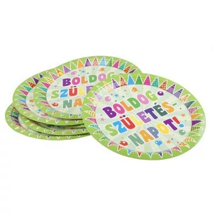 Party tányér papír 23cm Boldog Születésnapot feliratos, zászlós (6db/csomag)