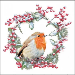 Szalvéta Ambiante Robin In Wreath papírszalvéta 25x25cm,15db-os