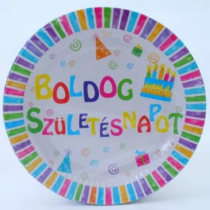 Party tányér papír 23cm Boldog Születésnapot feliratos, tortás (6db/csomag)