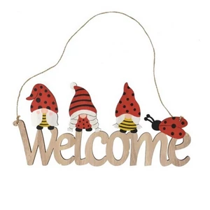 Tavasz dekor akasztós dísz, welcome felirat, manókkal fa 30x14,5x0,5cm, natúr piros