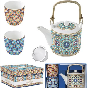 Teáskanna+2pohár porcelán 6dl fémszűrővel, 160ml, Marrakech, Atmos dobozban,