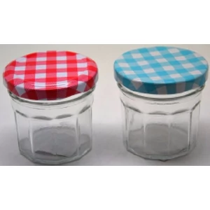 Üveg mini befőttes 6,5x6,5cm színes pöttyös tetővel, 80ml szögletes 357732