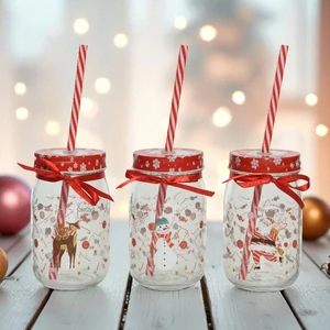 Üveg pohár karácsonyi mintás szívószállal  SDKAE25 3féle 7,3x13cm