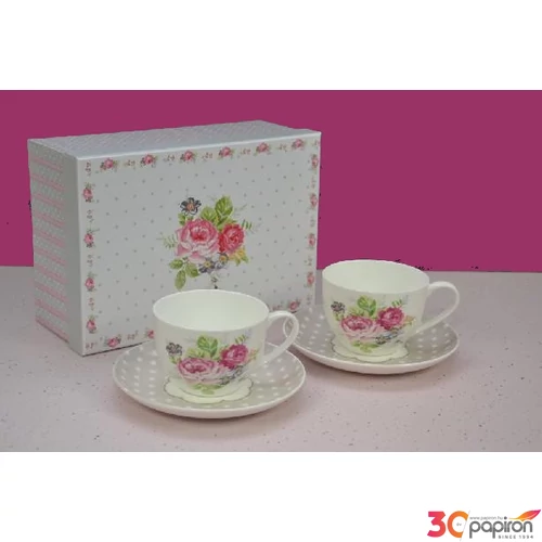 Kerámia cappucinos szett díszdobozban 2db csésze+2 alj rózsás