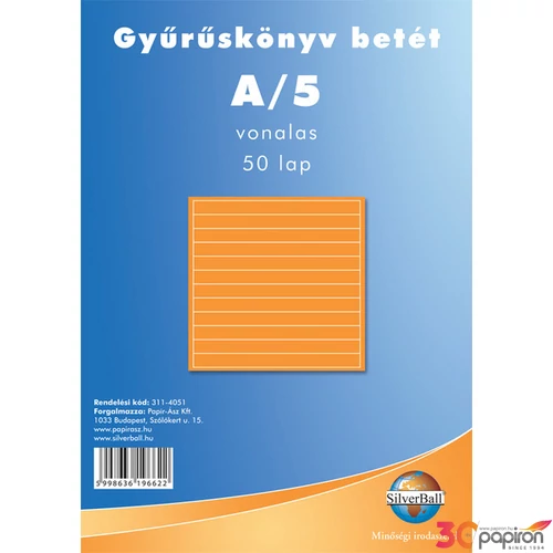 Gyűrűskönyv betét A/5 vonalas BlueRing 50lapos