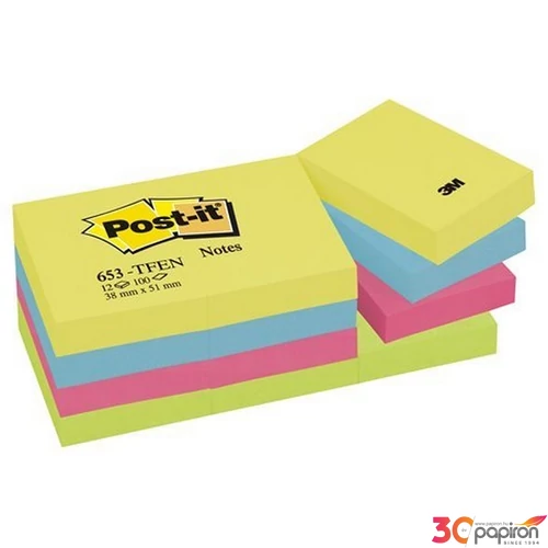 Öntapadós jegyzettömb 38X51mm 3M/Post-it 653-TFEN energikus színek 12x100lap/csom