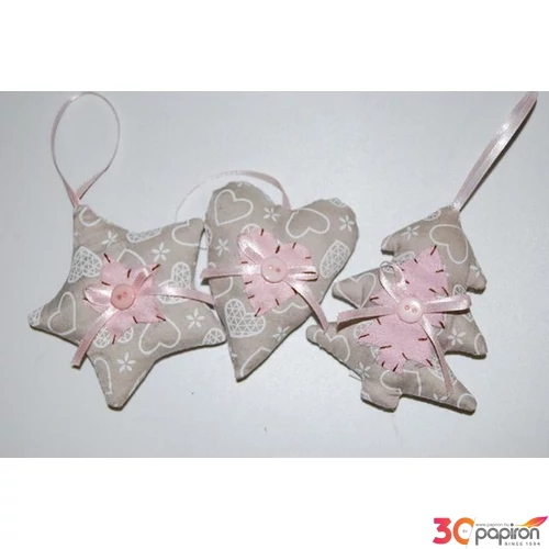 Karácsonyi dekor textil csillag-szív-fenyő 9x9cm rózsaszín/natúr rózsaszín/natúr