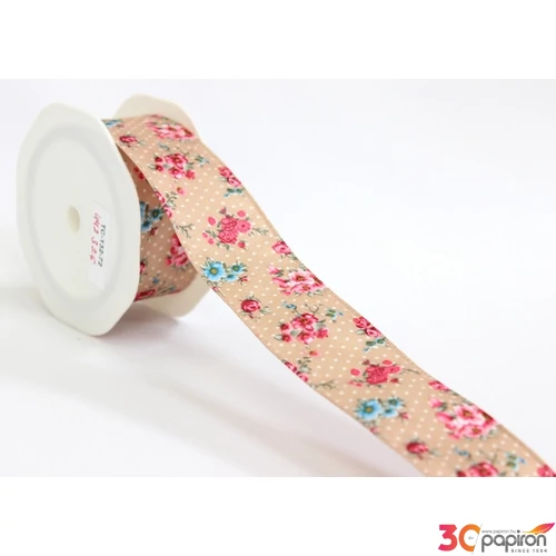 Szalag textil drótos 25mm virágos/drapp