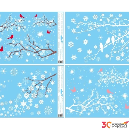 Ablakmatrica karácsonyi statikus csillámos, színes téli faágak 42x30cm