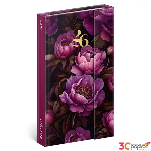 Agenda mágneses 2026 Purple Flowers, 13x21 cm Realsystem 2026 kollekció!