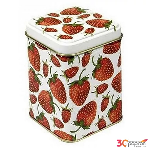 Díszdoboz ajándéknak 71x71x93m fém, fehér alapon eper mintás Strawberries Exclusive design