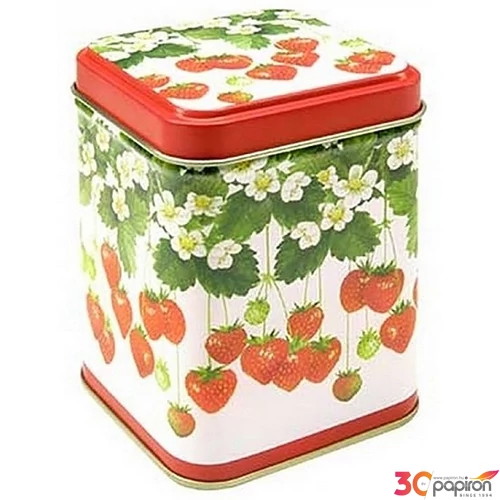 Díszdoboz ajándéknak 71x71x93m fém, fehér alapon eper mintás Summer Fruits Exclusive design