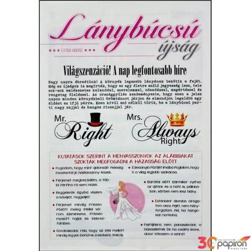 Ajándék újság lánybúcsúra Mérete: 16 cm x 23 cm Az újság összesen 8 oldalas.