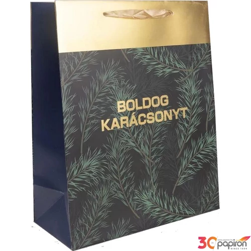 Ajándéktasak Arany fényes nyomással, zöld fenyőágak Boldog karácsonyt felirat 18x23cm
