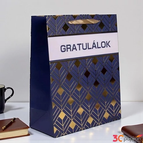 Ajándéktasak Gratulálok- kék fényes arany nyomattal M 18x23cm