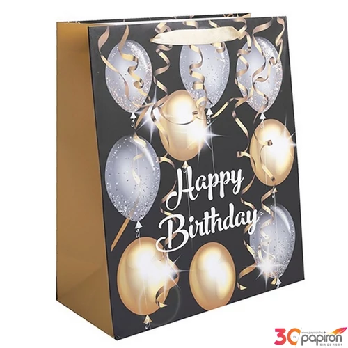 Ajándéktasak szülinapi 18x23cm, arany és ezüst lufik Happy Birthday felirattal 371769