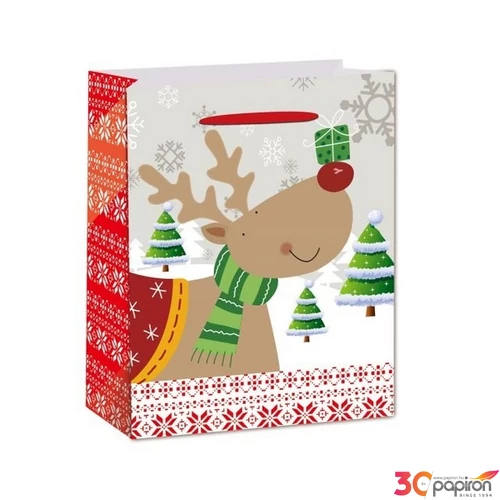 Ajándéktasak karácsonyi 21' norvég mintával, szarvassal glitteres 26x32x12cm többszínű
