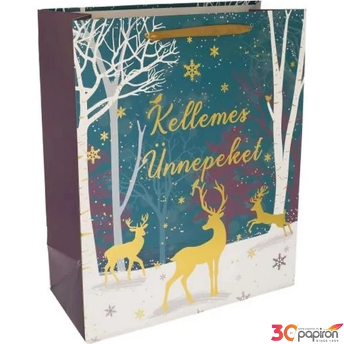 Ajándéktasak karácsonyI Tasak Kellemes Ünnepeket felirattal, 26x32x12 kék, arany