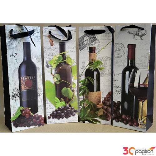 Ajándéktasak szalagfüles boros 36x12x9,5cm Bor és szőlő mintás! Ajándéktasak 4 féle mintával