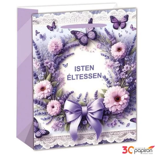 Ajandéktasak szalagfüles Levendula Koszorú, Lila, Isten Éltessen 11x14x5cm 370496