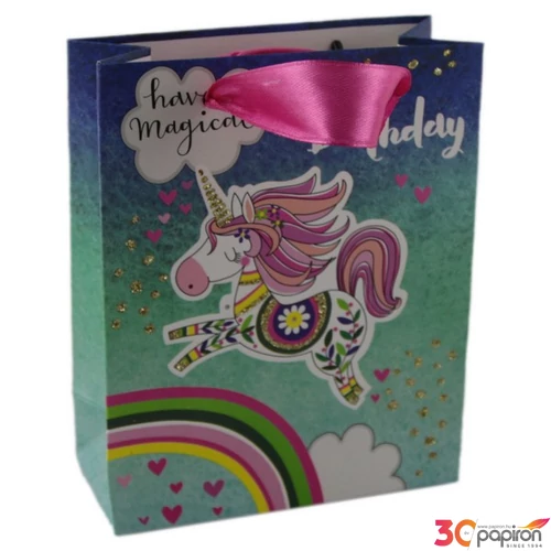 Ajándéktasak szalagfüles XS Unikornis mintás arany glitteres mérete: 11x14cm rózsaszín füllel