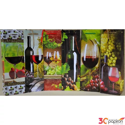 Ajándéktasak zsinórfüles boros 10x10x33cm Szőlő és bor mintás! Ajándéktasak 6 féle mintával