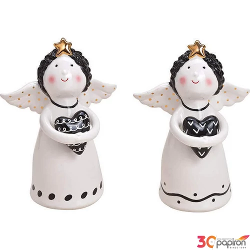 Dekor angyal kerámia szívvel 2 fekete-fehér 13x18x11cm 