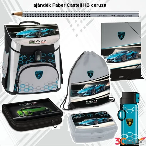 Ars Una iskolatáska szett 24 Lamborghini táska, töltötttolltartó, kulacs, gumis mappa, uzsidoboz, kulacs