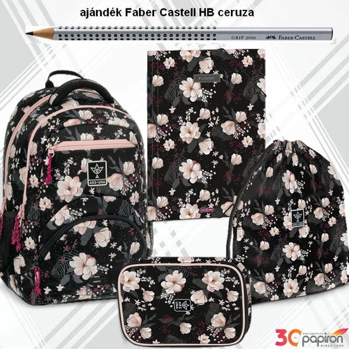 Iskolatáska szett Ars Una 24 iskolatáska, tolltartó, tornazsák, gumis Flowery Black