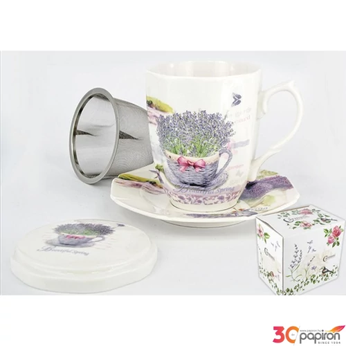 Bögre 300ml Porcelán tetővel, aljjal fémszűrővel, levendulás 